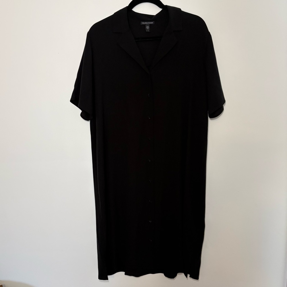 Eileen Fisher Black Silk Georgette Crepe Button Front Shirt Dress Size M Minimal
